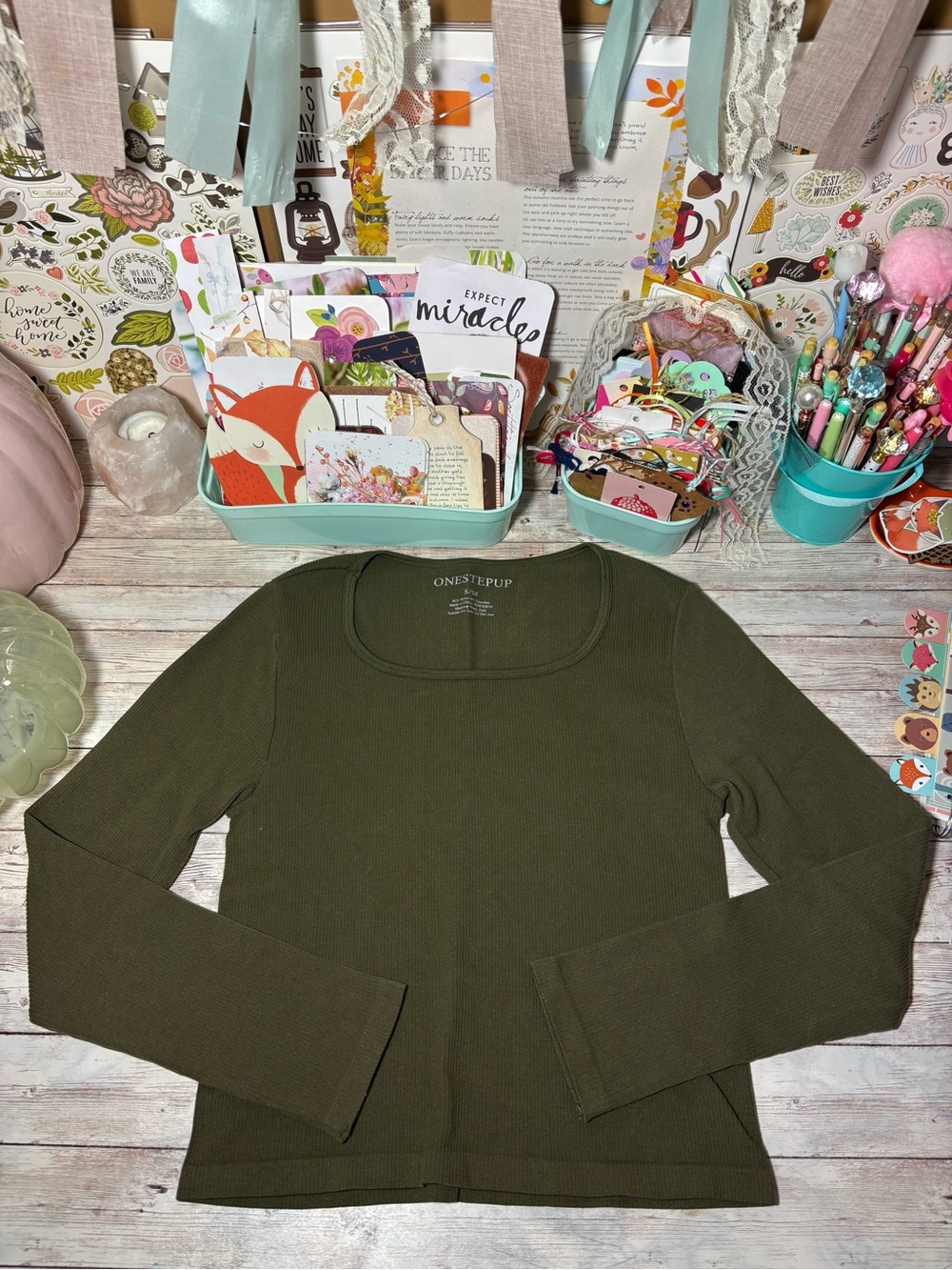 One Step Up Green Long Sleeve Crop Top Womens S/M Stretchy Whimsigoth Goblincore